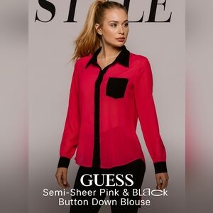 GUESS Semi Sheer Fushia Pink/Black Button-Up Blouse EUC  SZ Med
